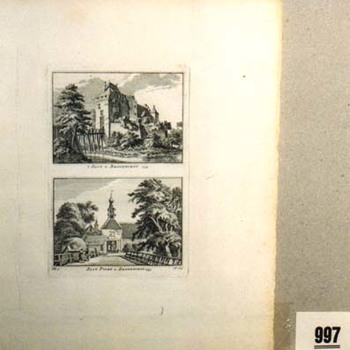 Gravure "'t Slot te Bronkhorst.1743  Slot Poort te Bronkhorst.1743" op papier