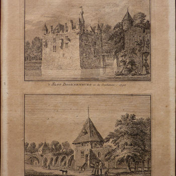 Gravure "Het Kasteel te Doornenburg in de Opper- Betuwe" op papier naar een gravure  Hendrik Spilmann naar een tekening van Abraham de Haan, 1732