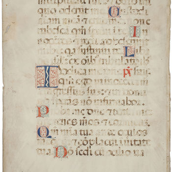 Boekfragment "Zestien boekfragmenten in een omslag" handschrift op perkament, circa 1400, Italië