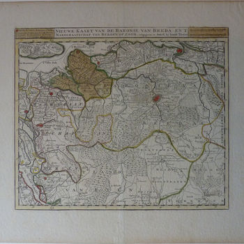 Topografische prent "Gekleurde kaart van de Baronie van Breda" op papier gedrukt, naar J. Keizer en uitgegeven door Isaak Tirion, 1739, Amsterdam