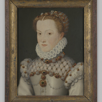 Portret "Elisabeth van Habsburg" op hout, door een navolger van Francois Clouet, na 1571
