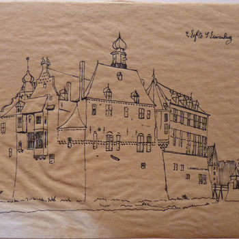 Tekening "Gezicht kasteel Bergh" papier, naar een tekening van Cornelis Pronk 1731, door Jhr. E. van Nispen, 1925