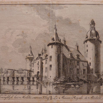 Boekillustratie "Het Koninklijk huis Moiland" op papier gedrukt, naar een tekening van Jan de Beijer, 1746