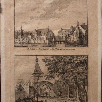 Gravure "Kerk en kasteel te 's-Heerenberg.  Zeddamsche Poort te 's-Heerenberg" op papier naar Jan de Beijer, 1745