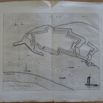 topografische prent "Schenkenschans" op papier, uitgegeven door Blaeu, ongeveer 1650