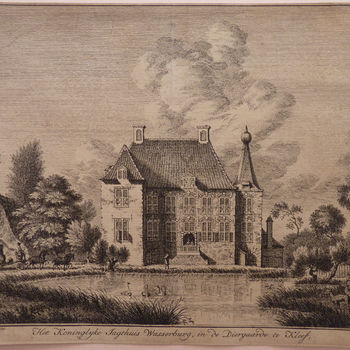 Boekillustratie "Het koninklijk jachthuis 'Wasserburg " op papier gedrukt, naar een tekening van Jan de Beijer, 1749