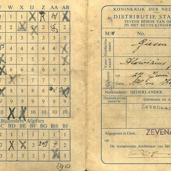 Identiteitspapier 'Distributie stamkaart van H.J. Giesen' voorgedrukt papier, Zevenaar. 5-10-1939