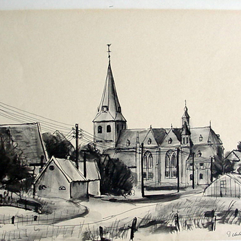 Tekening op papier met Oostindische inkt voorstellende het dorp Duiven door Ad Dekkers circa 1955