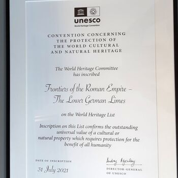 Certificaat van de Unesco Herritage Convention waarin de Limes wordt aangemerkt als de noordelijke grens van het Romeinse Rijk en daarmee is toegevoegd aan de Unesco Werelderfgoedlijst, 31 juli 2021