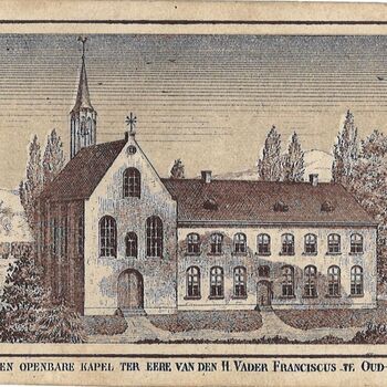Prentje op papier uitgegeven voor fondsenwerving van de bouw van het Klooster van de Paters Kapucijnen te Babberich 1882-1885