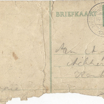 Briefkaart gericht aan A. Geurds Achter de Kerk afz. Jopie potlood op papier 's-Hertogenbosch 10 april 1943