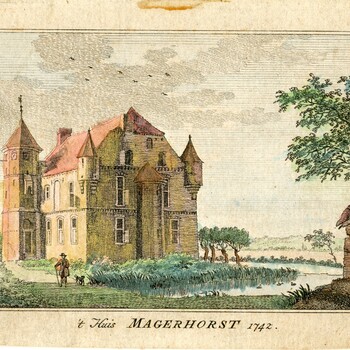 Gravure op papier voorstellende  't Huis Magerhorst in Duiven naar Jan de Beijer 1742