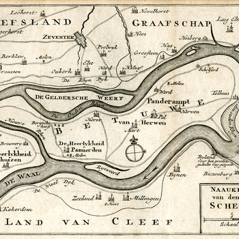 Rivierkaart 'Den loop der Rivieren bij Schenkenschans' van papier en ingelijst uit 1741