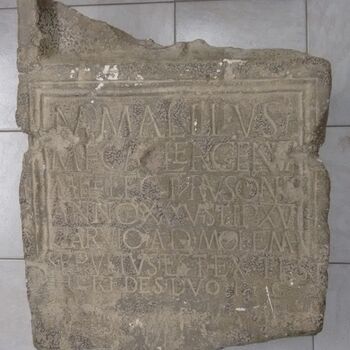 Replica van de grafsteen van Marcus Mallius overleden bij Carvium ca. 40 na Chr. gevonden in 1938 in de Bijland