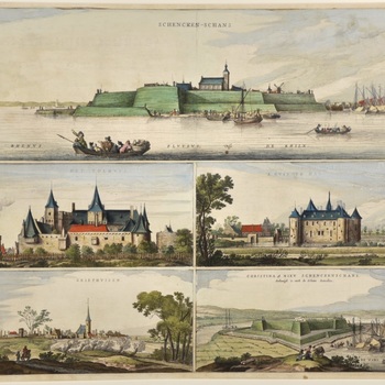 Gravure voorstellende Het Tolhuis, 't Huis te Hal, Griethuisen, Schenckenschans en schans Amelia  papier Ioan Blaeu 1647