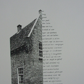 Zeefdruk op papier voorstellende Huis Keultjes door R. Mooren in het kader van Zevenaar 500 jaar stad circa 1988