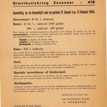 Aanvullingen op de bonnenlijst van 21 janauri tot en met 3 februari 1945 van de Distributiekring Zevenaar, januari 1945