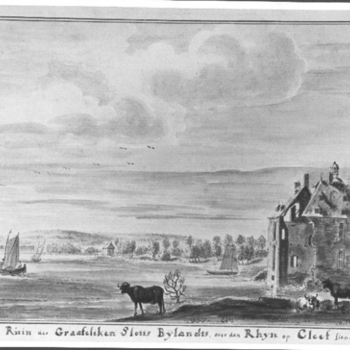 Foto op papier van een tekening voorstellende het Huis Bylandt door Jan de Beijer uit 1793