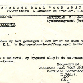 Schrijven van de Joodsche Raad voor Amsterdam bij een brief die zij uit K.L. 's Hertogenbosch hebben ontvangen getypt op papier Amsterdam 4 juni 1943