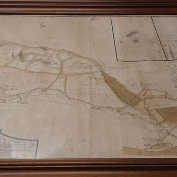 Kadastrale kaart op papier in houten lijst van het gebied ten zuiden van de Babberichse Bandijk door H. van Heijs 1777