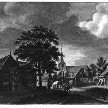 Foto op papier van een tekening van Herwen voorstellende gezicht op het dorp Herwen in Gelderland door Jan de Beijer ca. 1793