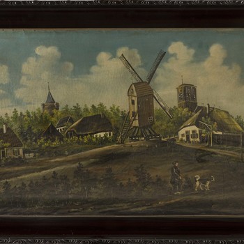 Olieverfschildering met zicht op Elburg, vervaardigd door Veldhoen in 1856