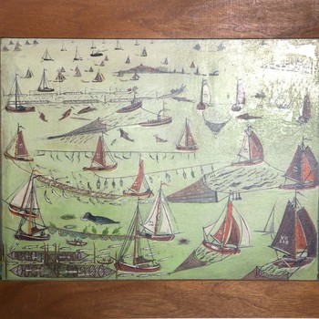 Schilderij op paneel met voorstelling van de vismethoden op de Zuiderzee, vervaardigd door Eibert den Herder, begin 20ste eeuw