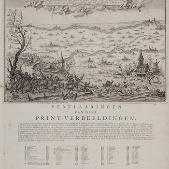 Gravure, voorstellende de watersnood van 1740, getekend en gegraveerd door Jan Smit, 1741 en uitgegeven door A. van Huissteen en S. van Esveldt, boekverkopers te Amsterdam, 1741
