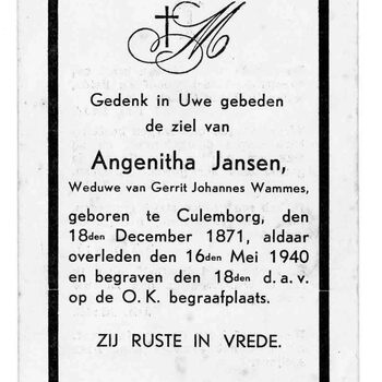 bidprent voor Angenitha Jansen. Geboren 18-12-1871 te Culemborg. Overleden 16-05-1940 te Culemborg