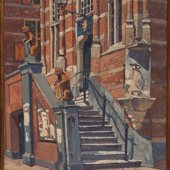 Schilderij, olieverf op paneel, voorstellende bordes met kaak van het stadhuis Culemborg, geschilderd door H.E. Roodenburg in 1921
