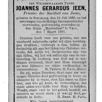 bidprent voor Joannes Gerardus Jeen. Geboren 16-07-1830 te Schiedam. Overleden 07-03-1897 te Velp