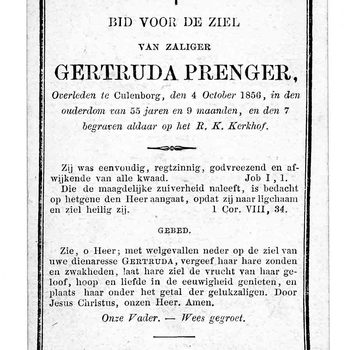 bidprent voor Gertruda Prenger. Geboren 1801, overleden 04-10-1856 te Culemborg