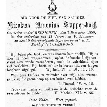 bidprent voor Nicolaas Antonius Stappershoef. Geboren 1836, overleden 07-12-1859 te Beusichem