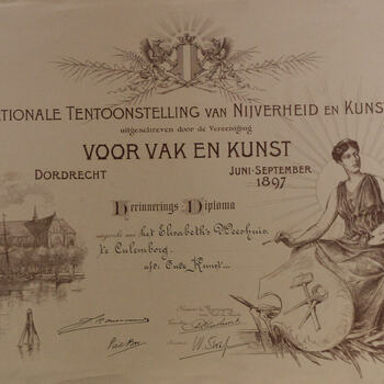 diploma uitgereikt tijdens Nationale Tentoonstelling van Nijverheid en Kunst aan het Elisabeth Weeshuis, Dordrecht, 1897