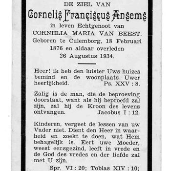 bidprent voor Cornelis Franciscus Ansems. Geboren 18-02-1876 te Culemborg. Overleden 26-08-1934 te Culemborg