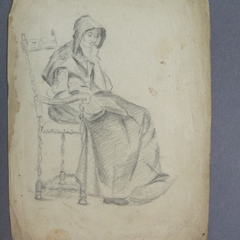 Potloodtekening voorstellende vrouw op stoel, ca. 1870.