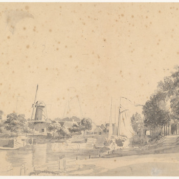 Aquarel, voorstellende de haven te Culemborg, vervaadigd door L.J. Hansen circa 1845