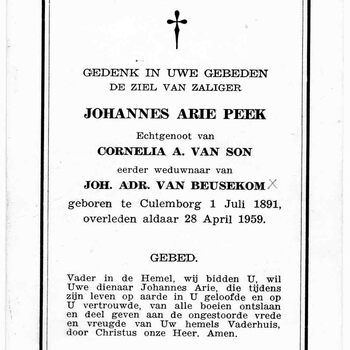 bidprent voor Johannes Arie Peek. Geboren 01-07-1891 te Culemborg. Overleden 28-04-1959 te Culemborg