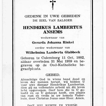 bidprent voor Hendrikus Lambertus Ansems. Geboren 11-10-1882 te Culemborg. Overleden 31-05-1959 te Culemborg