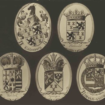 Foto, voorstellende vijf glas-in-lood medaillons, bestuurders van Culemborg