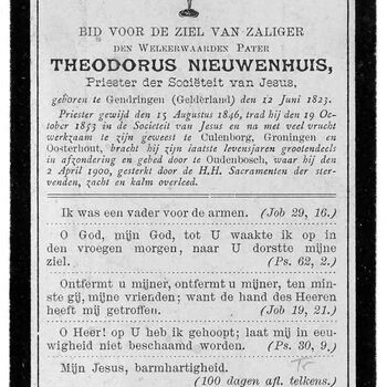bidprent voor Theodorus Nieuwenhuis. Geboren 12-06-1823 te Gendringen. Overleden 02-04-1900 te Oudenbosch