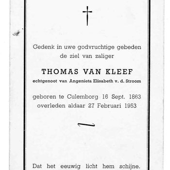 bidprent voor Thomas van Kleef. Geboren 16-09-1863 te Culemborg. Overleden 27-02-1953 te Culemborg