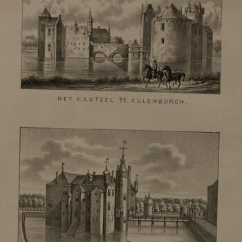 Litho, voorstellende het kasteel te Culemborg en daaronder het kasteel Waddestein te Asperen, tweede helft 19e eeuw