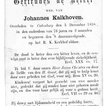 bidprent voor Gertrudes de Keizer. Geboren 1782, overleden 05-12-1858 te Culemborg