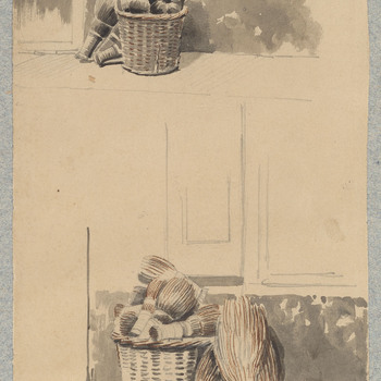 Aquarel, voorstellende twee manden met heibezems, vervaardigd door L.J. Hansen, 1843