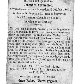 bidprent voor Maria van den Anker. Geboren 1835, overleden 13-10-1866 te Beusichem