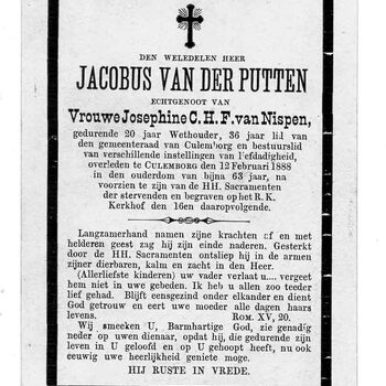 bidprent voor Jacobus van der Putten. Geboren 1825. Overleden 12-02-1888 te Culemborg