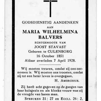 bidprent voor Maria Wilhelmina Balvers. Geboren 16-10-1851 te Culemborg. Overleden 07-04-1928 te Culemborg