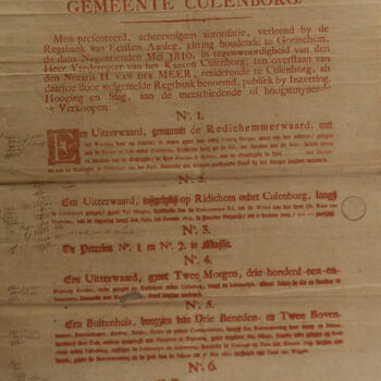 Affiche voor de verkoping van uiterwaarden etc. onder Culemborg, gedrukt bij de Wed. P. Muntendam te Utrecht, 1819