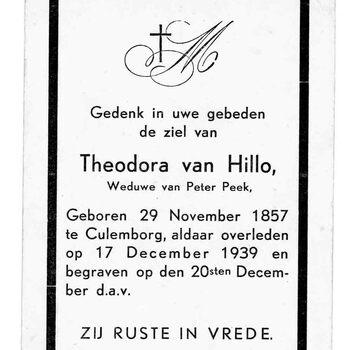 bidprent voor Theodora van Hillo. Geboren 29-11-1857 te Culemborg. Overleden 17-12-1939 te Culemborg